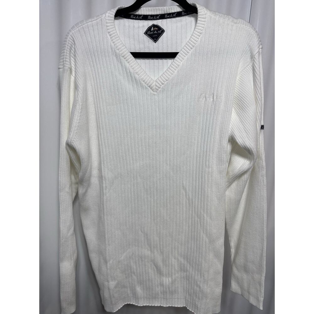 BLANC DU NIL White 100% Cotton Rib Knit V-neck Pullover Resort Ware Mens XL